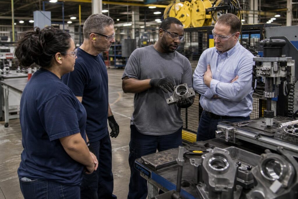 Manufacturing leader listening to production employees beside an active assembly workstation.