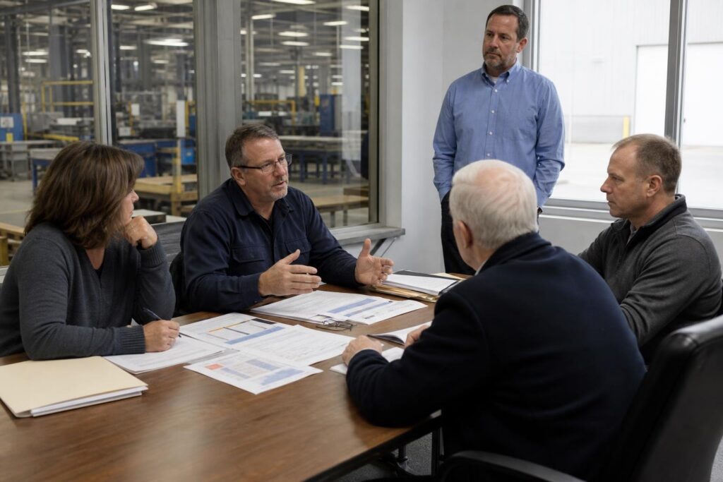 Senior leaders sharing ownership during an operations review at an industrial company.