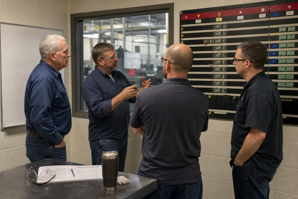 Operations manager listening as supervisors work through a production issue in a training room.