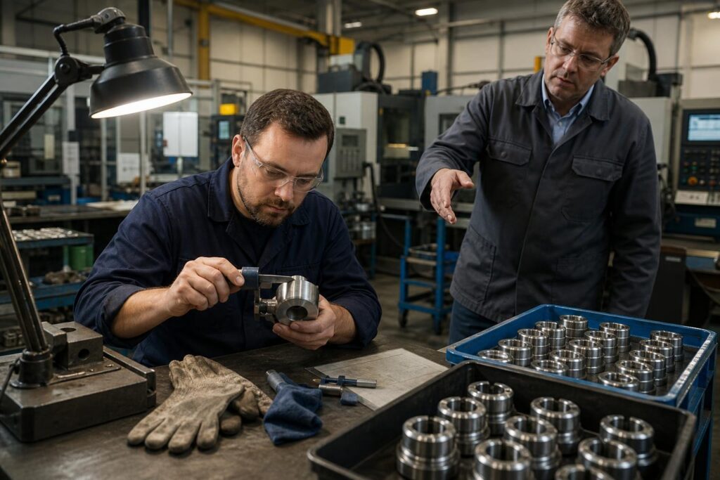 Technician inspecting a precision component while a supervisor connects quality work to the process.